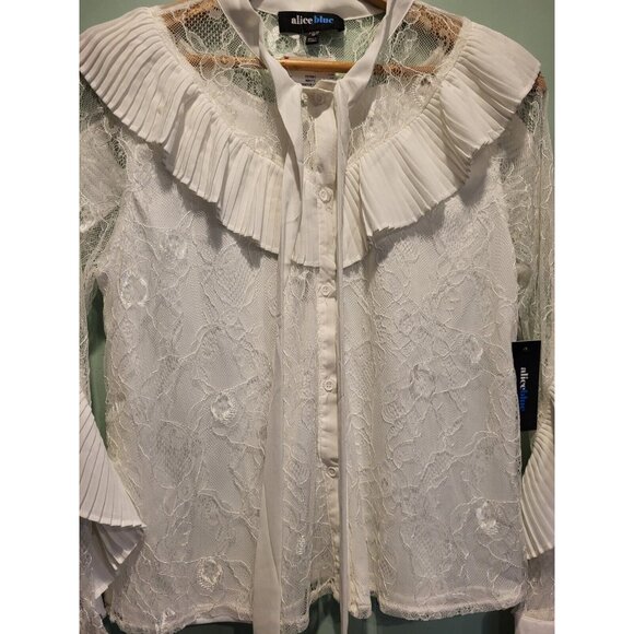 New White Chiffon Lace Ruffle Bow Neck Artsy Western Button Up Top Sz M - Picture 5 of 10